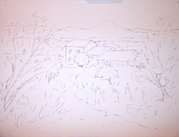 Charcoal outline of farm in Provence